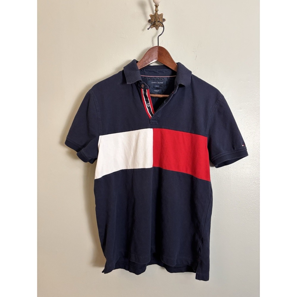 Tommy Hilfiger Men's Medium Flag Polo Navy Colorblock Preppy Americana Stretch